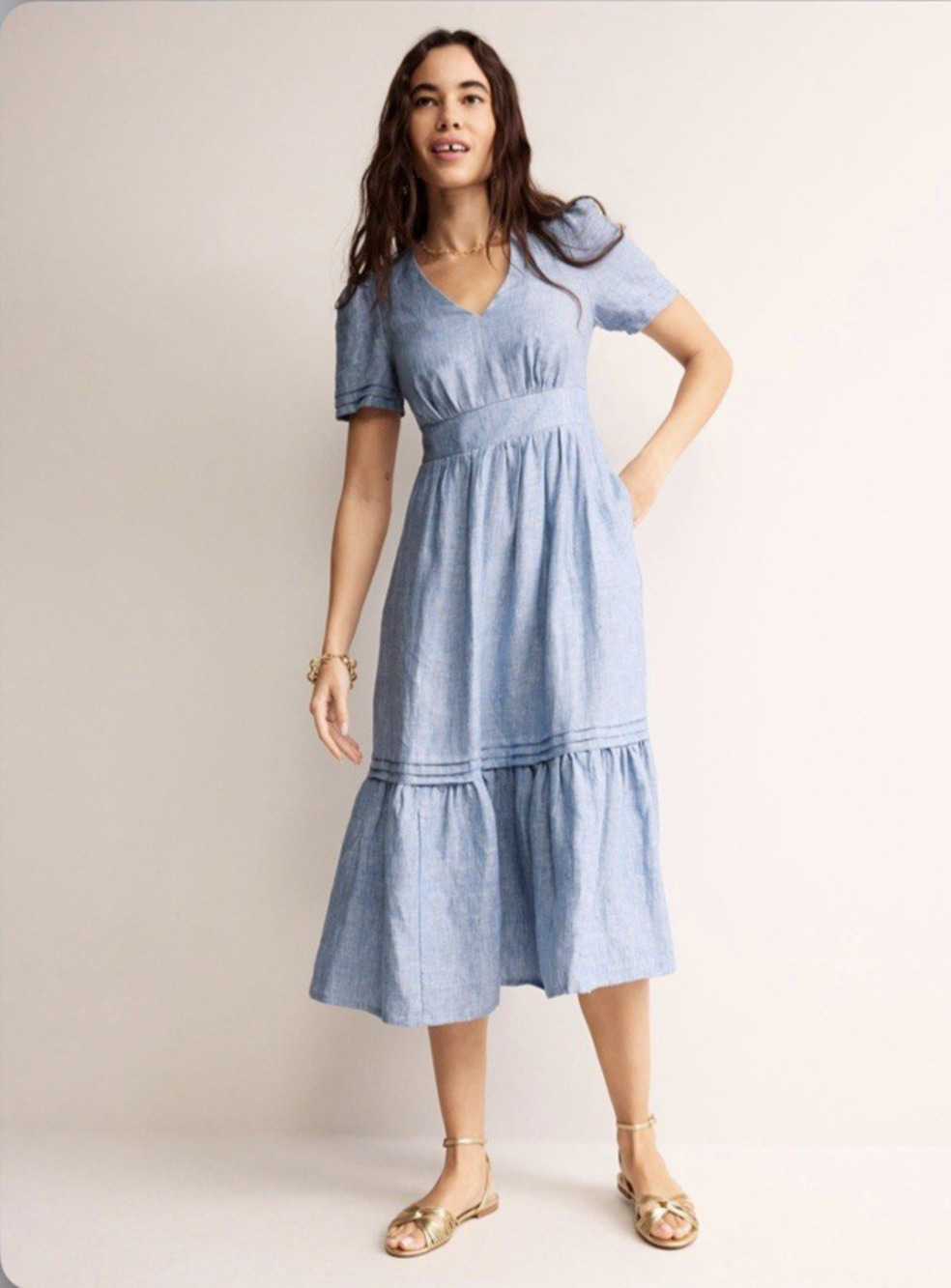 Boden Eve Linen Dress Womens Size 2P Petite Blue Chambray Coastal Casual Midi